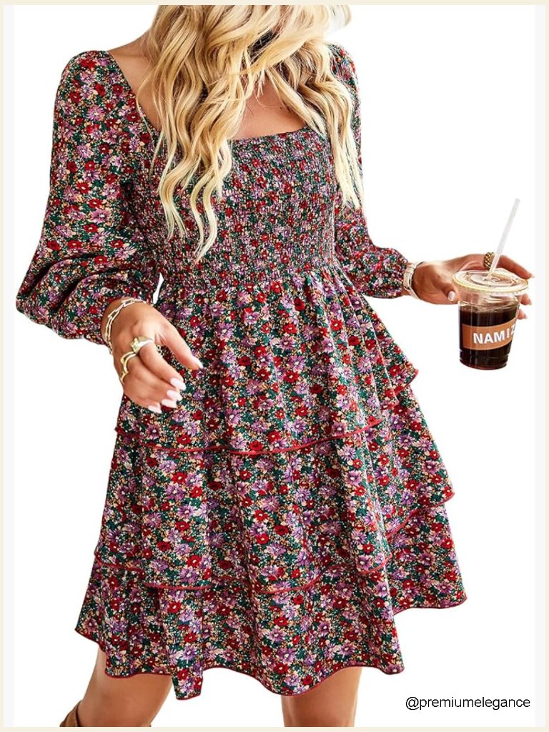 Long Sleeve Square Neck Smocked Mini Boho Dress For Wedding Guest